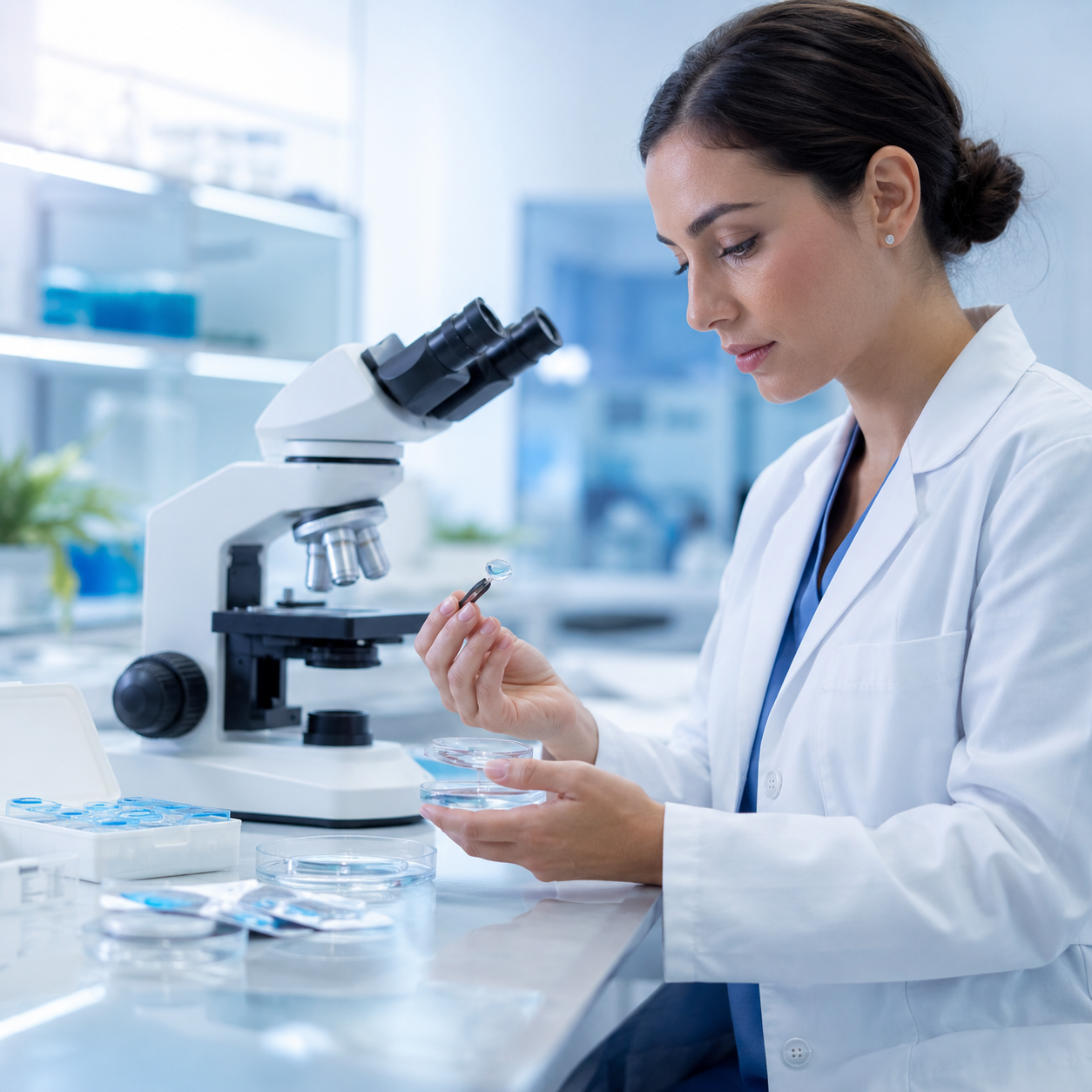 A Clearlii scientist inspecting a lens beside a microscope in the quality lab