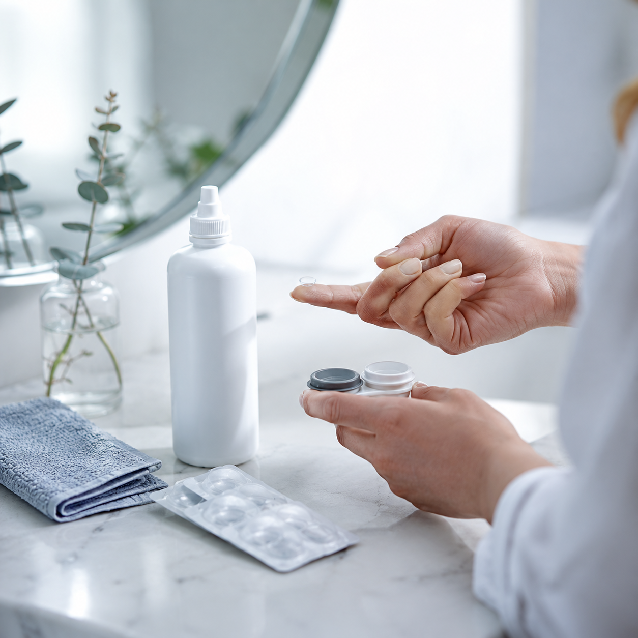 A lens on the fingertip with case and solution at the bathroom counter
