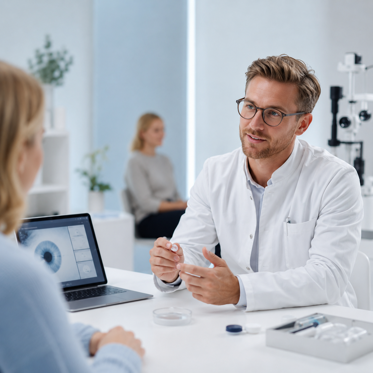 An optician walking a patient through corneal-topography results in the consultation chair