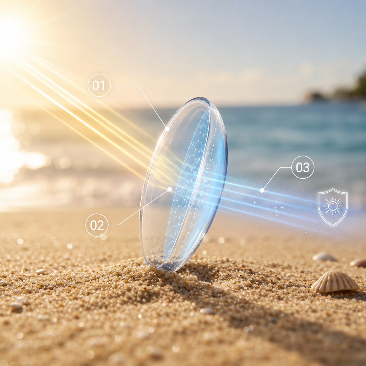 UV rays filtered by the lens's built-in protective layer