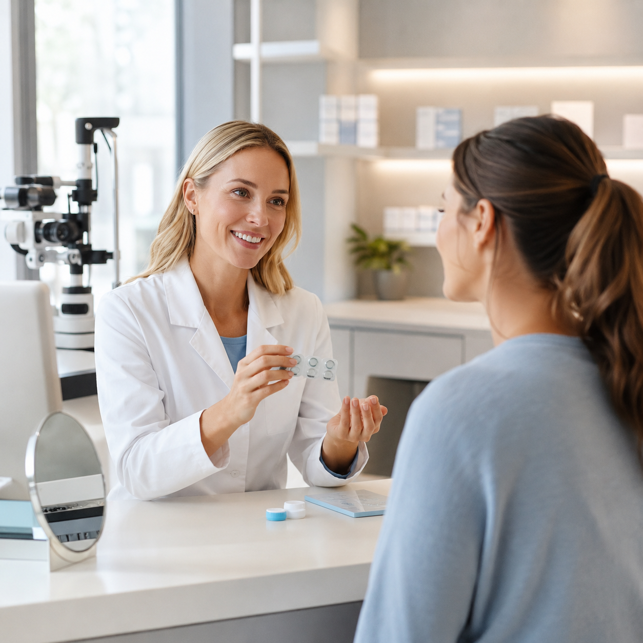 An optician handing a Clearlii trial blister to a customer at the counter