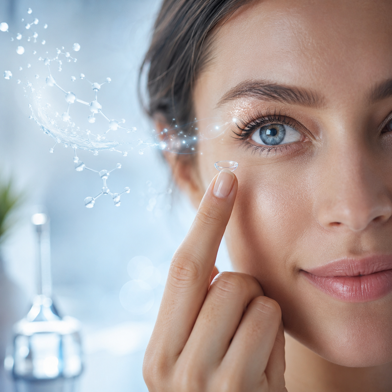 A wearer holding a vitamin-enriched lens on her fingertip, vitamin molecules in the air