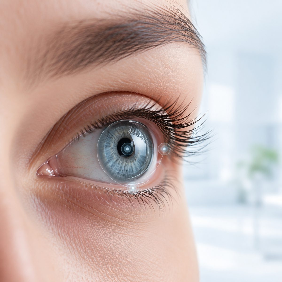 Close-up of an eye wearing a lens, with fit landmarks highlighted