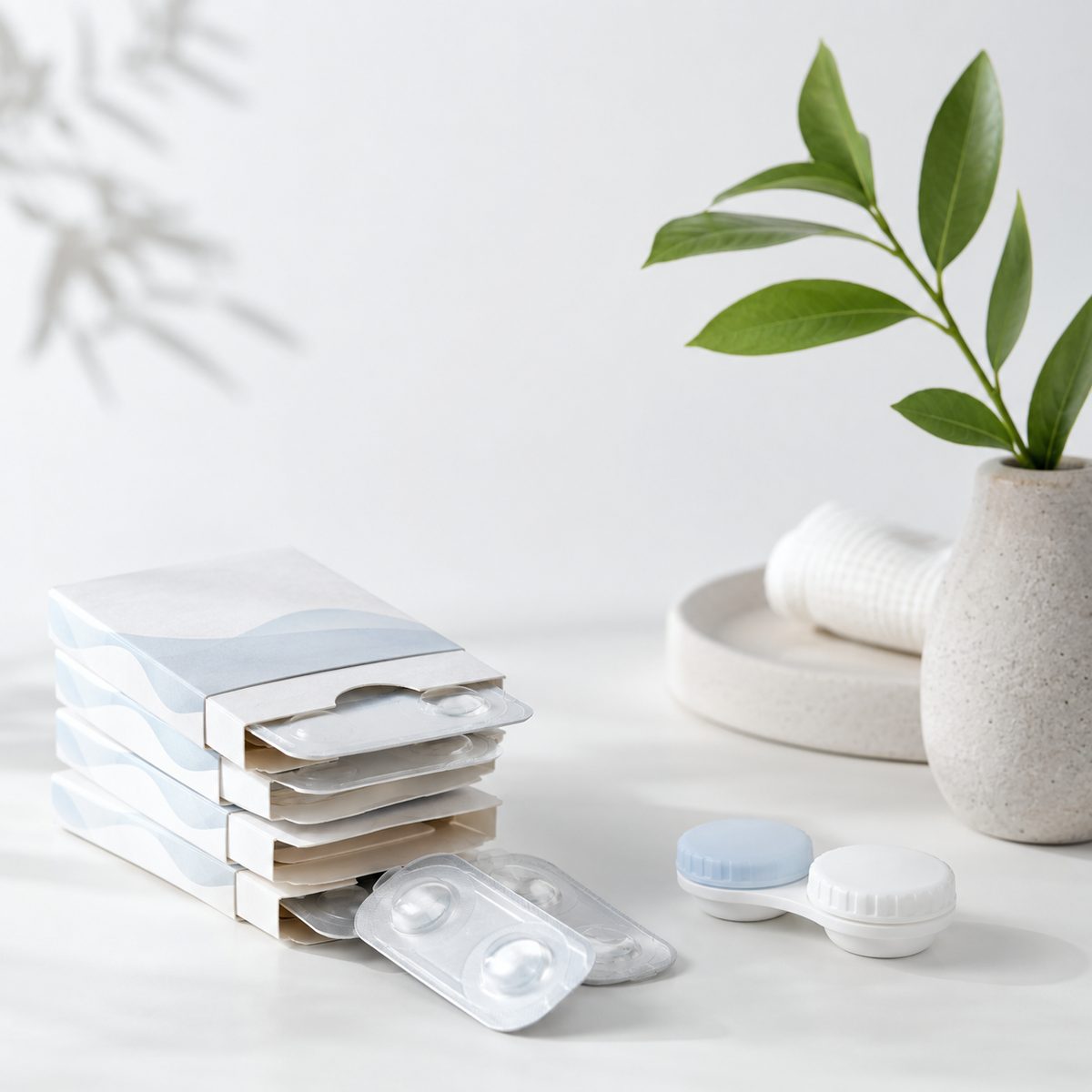 Slimmer Clearlii packaging, blisters and a reusable lens case beside a green plant