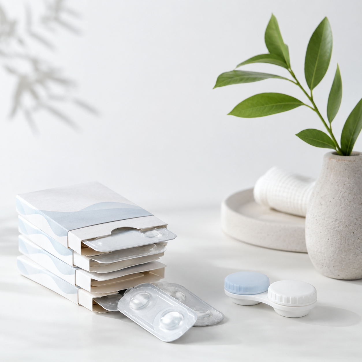 Slimmer Clearlii packaging, blisters and a reusable lens case beside a green plant